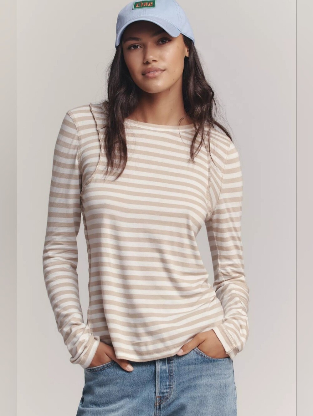 Pilcro NWOT Teddy Cotton Striped Long-Sleeve Crewneck Top — Cream/White Size S